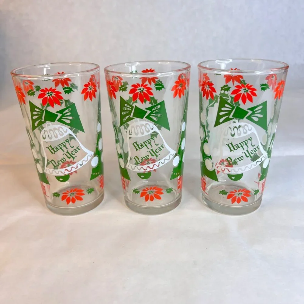 5 Vintage Hazel Atlas Tumblers Christmas Drinking Glasses Happy New Year 10 OZ‎